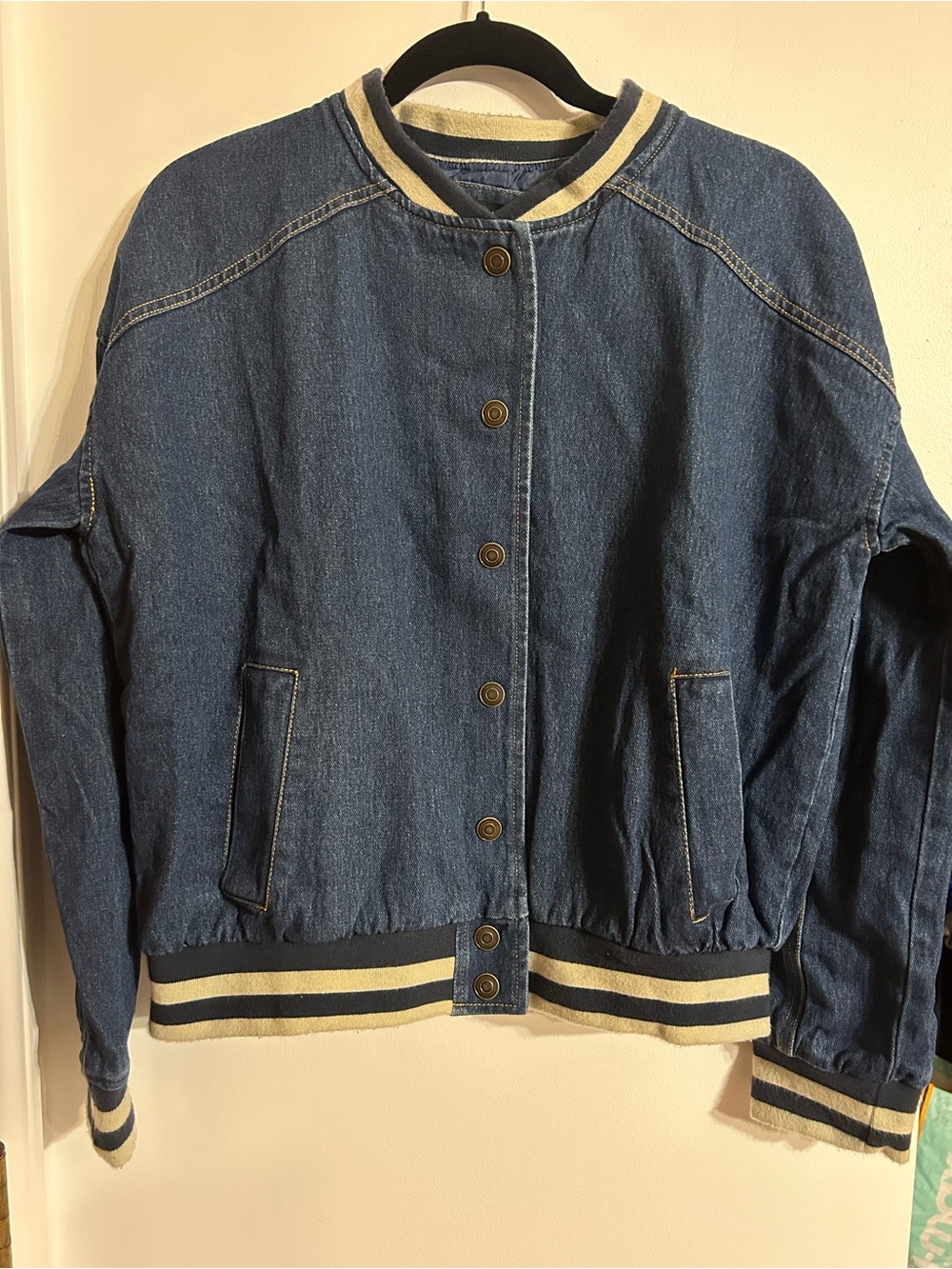 Blu Pepper Blue Denim Varsity Jacket with Striped Trim